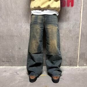 NAVY DESERT WIDE LEG BAGGY DENIM WAIST 34 MODELED